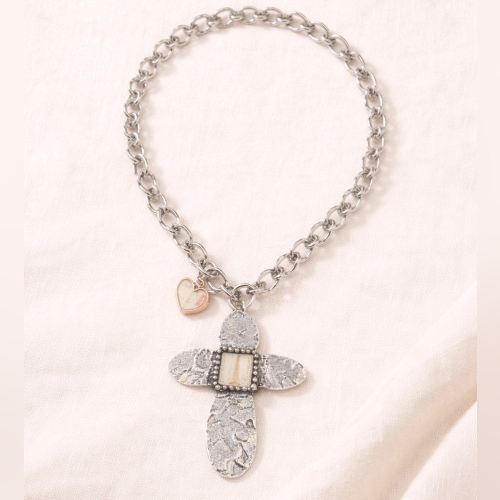 Crave Silver-Tone Paris Cross Necklace with Heart Charm